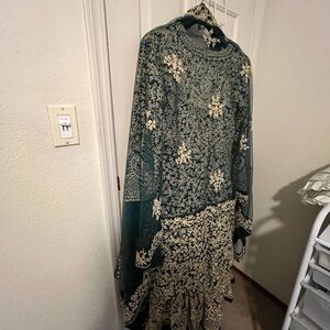 Elegant Green and Gold Embroidered Dress
